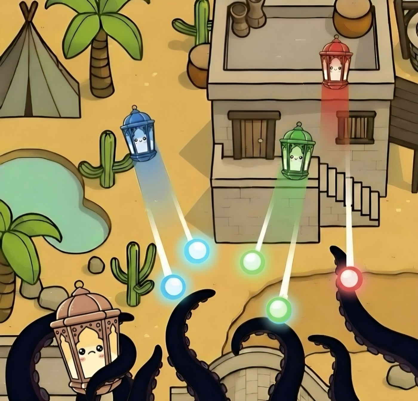 Three coloured lanterns in a desert settlement fire light at the darkness's tentacles, which hold a fourth lantern.