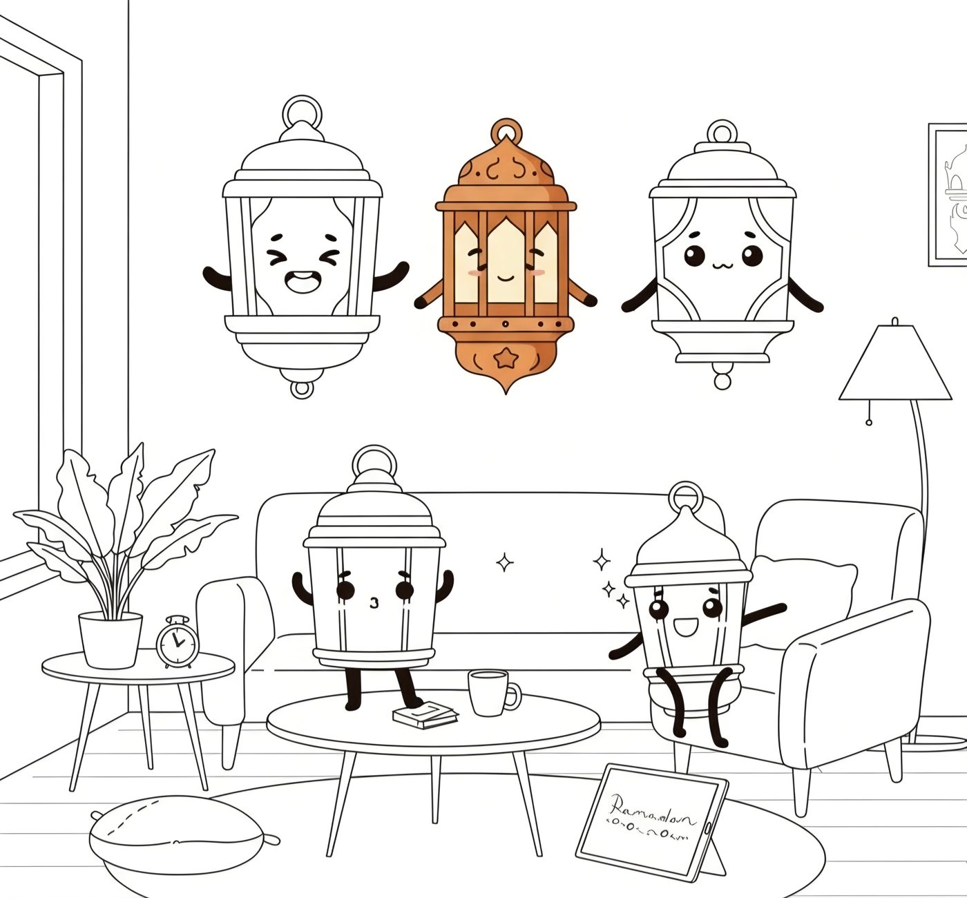 A colouring page: Nureen's family of lanterns at home, one already coloured in.